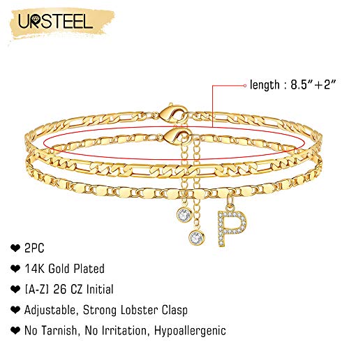 Image of Ursteel Ankle Bracelets for Women, 14K-Gold-Plated Dainty Layered Chain CZ Initial Anklets Set Summer Jewelry Gifts for Women