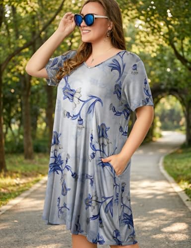 Image of OVERWORETY Womens Short Sleeve Plus Size T-Shirt Dress V Neck Casual Loose Swing A-Line Summer Tunic Dresses with Pockets