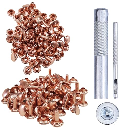Trimming Shop 100 Set Leather Rivets with Fixing Tool Kit, Double Cap Rivets Tubular Metal Studs with 3 Pieces Hand Tool Set for Lathercrafts, Repair Clothing, Handbag, Rose Gold, 10mm