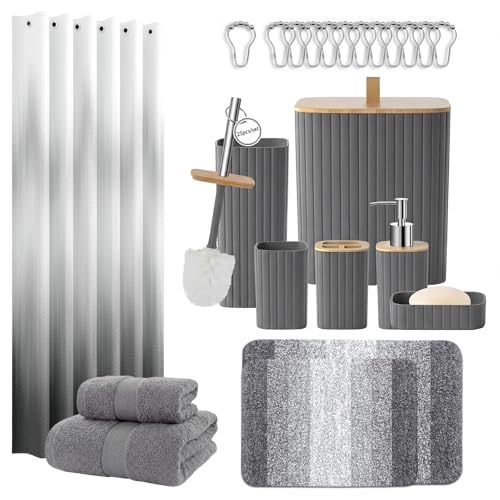 Bathroom Accessories Set - Bathroom Set with Shower Curtain and No Slip Rugs Trash Can Toilet Brush Holder Set Soap Dispenser & Bath Towels - Stylish Bath Decor for Home Apartment Grey 25PCS