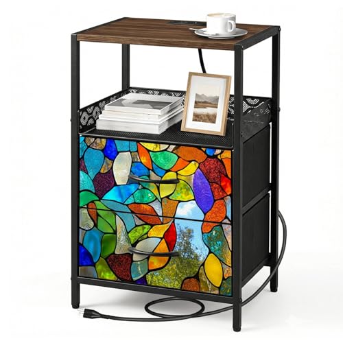 Night Stand with Charging Station Bedside Table with 2 Fabric Drawers Birds Stained Glass Peacock Parrot Suncatchers Colorful Pieces Leaf Bedroom Nightstand with USB Ports & Outlets Open Shelf Black
