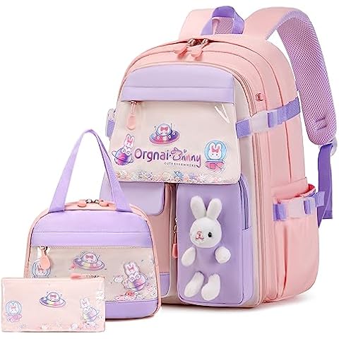 FIXITOK Girls Backpack Set, 3PCS Kids Backpack for Girls, Kawaii Bunny School Backpacks for Girls Kindergarten Elementary Preschool Middle School Bags with Lunch Box Pencil Case Pink Cover
