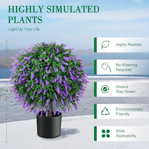 21.6“ Artificial Lavender Topiary Ball Trees Set of 2, UV Protected Outdoor Faux Potted Plants with Cement Pot, Evergreen Shrubs Bushes for Front Door Porch Garden Backyard