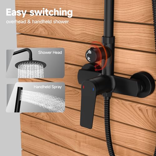 Rainsworth Outdoor Shower Kit Matte Black - Single Handle Brass Valve, 8 Inch Rain Shower Head and Handheld Spray Shower Fixture Combo, SUS 304 Stainless Steel Wall-Mounted Faucet - Image 5