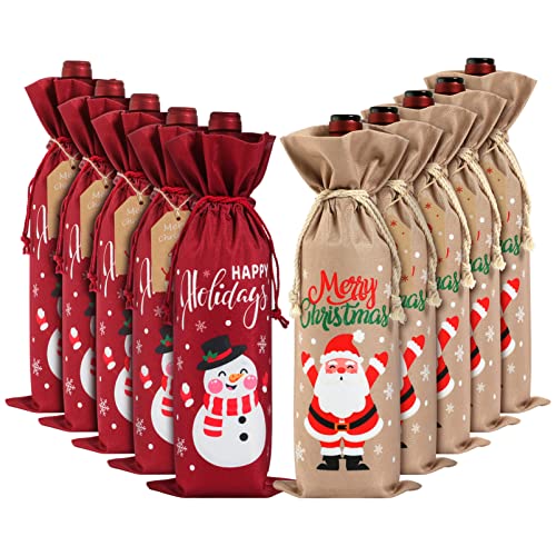 Luxshiny Lot de 10 sacs à vin de Noël en toile de jute avec cordons de serrage et étiquettes pour bouteilles de vin pour fêtes de vacances, réchauffement à domicile, dégustation à l'aveugle Cover