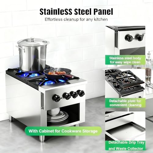 Image of Commercial Gas Stove with Cabinet, 2 Burners Propane and Natural Gas Stove, Stainless Steel Hot Plate, Commercial Cooking Equipment for Restaurant Kitchen, 56,000 BTU