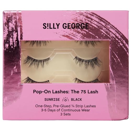 Silly George Pop-On 75 Strip Lash Soft & Natural 3/4 Press-On Underlash Strips (3 Pair Set Bionic Silk Pre-Glued Faux Lashes with Clear Band Sunrise