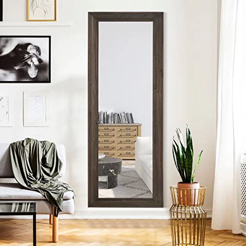 Image of NeuType 65 inchx22 inch Full Length Mirror Floor Mirror with Standing Holder Solid Wood Frame Large Bedroom Mirror Wall Mounted Mirror Hanging or Leaning Against Wall, Charcoal Brown