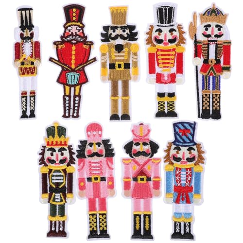 TEHAUX Parches navideños para planchar, 9 unidades, coloridas figuras de soldado para coser, parches de reparación, manualidades de bricolaje