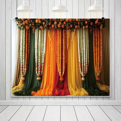 Image of 10x8ft India Pooja Traditional Backdrop Colorful Curtains Floral Indian Photography Background Puja Ganpati Mehndi Diwali Party Decorations for Wedding Birthday Festival Photo Props