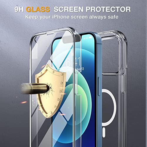 Image of Miracase Magnetic for iPhone 12 /12 Pro Case 6.1 inch, (Compatible with MagSafe) Upgrade Full-Body Clear Phone Bumper Case with Built-in 9H Tempered Glass Screen Protector, Magnetic Clear