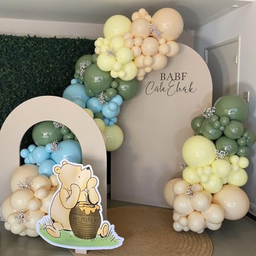 Image of Baby Shower Decoration, 150pcs Sage Green Light Blue Pastel Yellow and Cream Balloon Arch Kit, Multi-sized Balloons for Classic Bear or Rabbit Themed Birthday Party Decor
