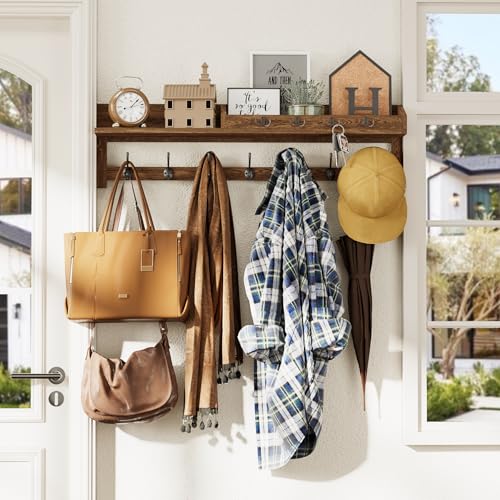 Image of AMBIRD Coat Rack Wall Mount, 35 inch Large Wall Hooks with Shelf, Entryway Shelf with 7 Dual Coat Hooks 4 Key Hooks Mail Organizer, Wooden Coat Hanger and Key Holder Wall Mount