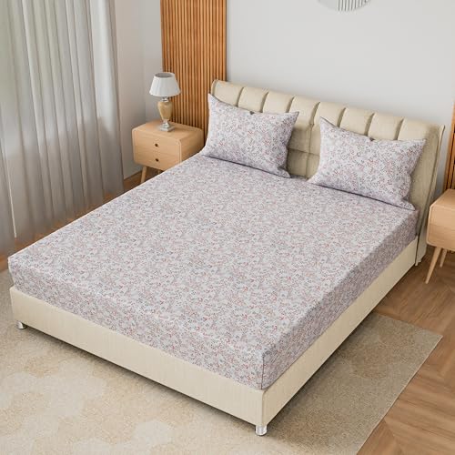 Image of LINENWALAS 100% Cotton Flat Bed Sheet for Double Size Bed | Super Soft, Breathable, Oeko-TEX Certified 300 TC | Premium Hotel Class Floral Bedsheet with 2 Pillow Cover (90x100 Inches, Blush Meadow)