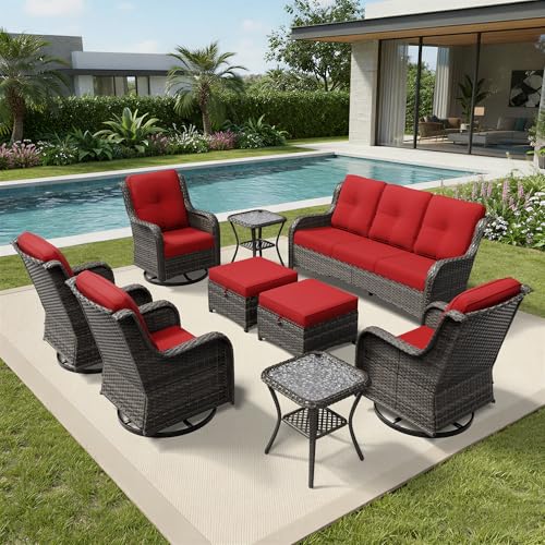 Image of Joyside 9 Piece Wicker Patio Furniture Set, Outdoor Swivel Rocker Patio Chairs with High Back, Deep Seating, Wide Armrest, Thickened Cushions, Outdoor Furniture for Deck, Porch Use
