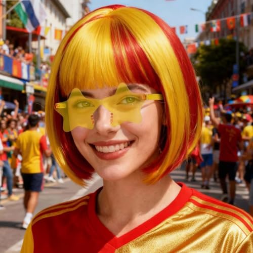 Image of ANOGOL Hair Cap + (Sunglasses) Red Yellow Bob Wig with Bangs Womens Red Yellow Party Wigs with Sunglasses Short Neon Wig Fun Wigs Halloween Costume Bachelorette Hair Sports Event