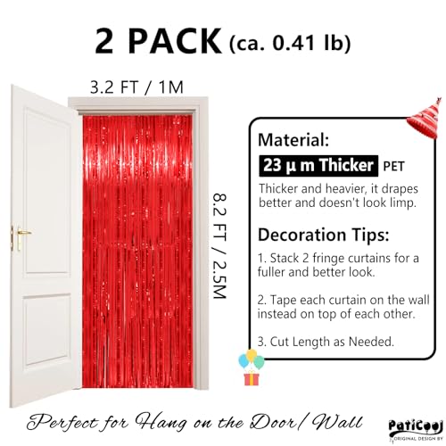 Image of Graduation Backdrop Decorations, Thicken Red Streamers 2 Pack 3.2x8.2 FT, Foil Fringe Tinsel Curtains for Birthday, Valentines, Casino, Carnival Party Decorations