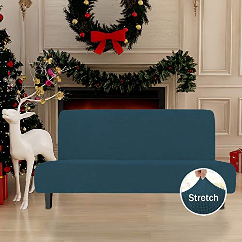 Image of Easy-Going Stretch Large Futon Slipcover Armless Futon Cover Deep Teal | Sofa Bed Furniture Protector Without Armrests with Elastic Bottom for Kids, Soft Jacquard Machine Washable