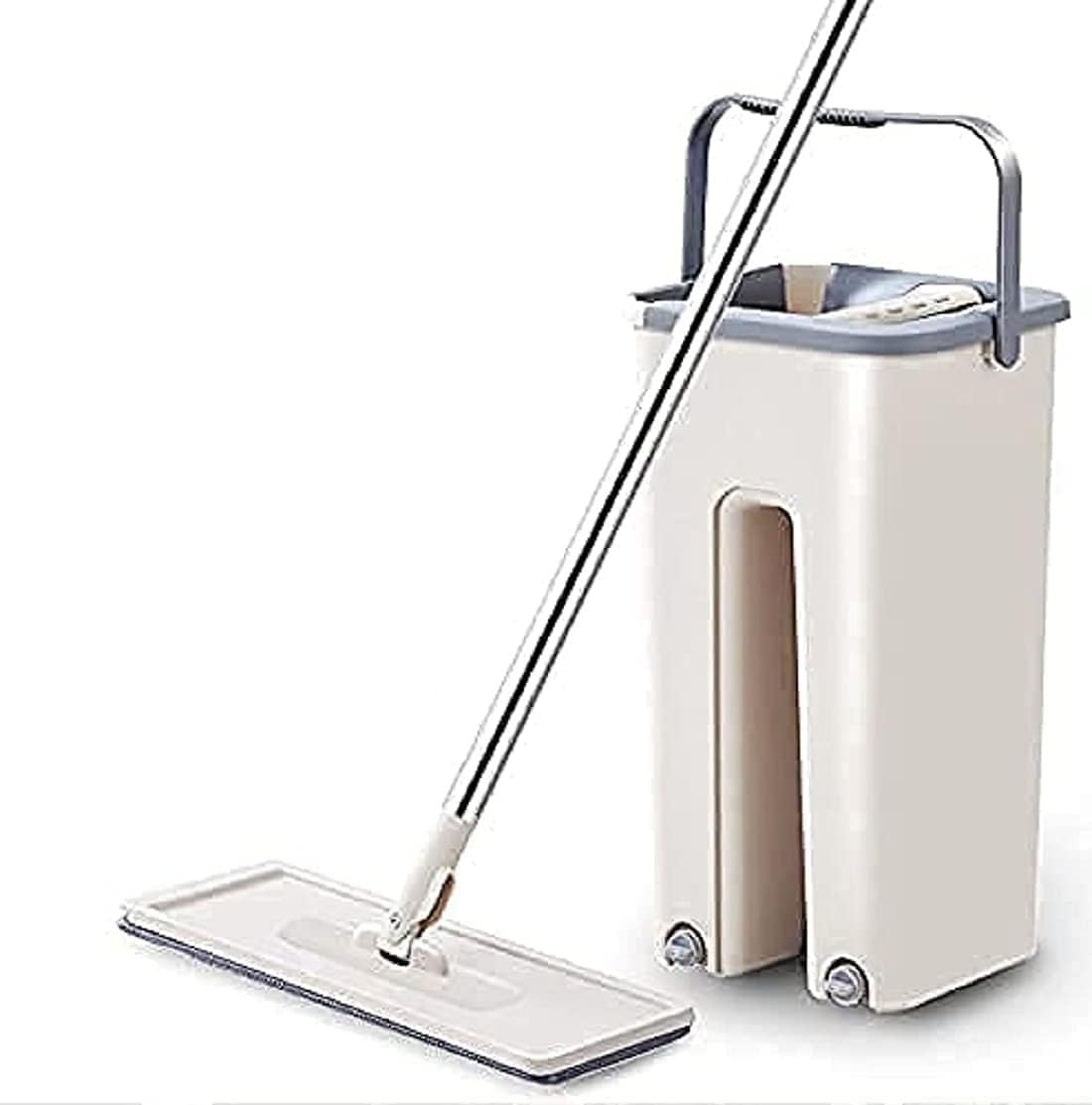 Unique Microfiber Flat Mop with Bucket, Cleaning Squeeze Hand Free Floor Mop, Extra 1 Reusable Mop Pads, Stainless Steel Handle Spice Container