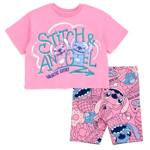 Image of Disney Junior Girls Cropped Boxy T-Shirt and Bike Shorts Outfit Set Toddler to Big Kid Sizes (2T - 14-16)