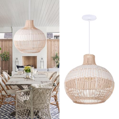 Arturesthome White Rattan Pendant Lights,13.7" Farmhouse Coastal Wicker Hanging Ceiling Lighting Chandelier, Handmade Woven Lampshade for Kitchen Island