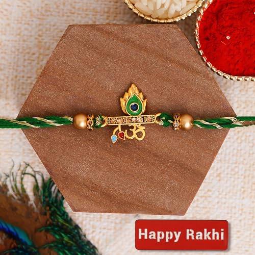 Image of eCraftIndia Pack of 50 Green Golden Om & Peacock Feather Religious Designer Rakhi for Brother Bhaiya Bhai | 50 Best Bro Ever Fridge Magnets | Roli Chawal Pack | Raksha Bandhan Gift Set