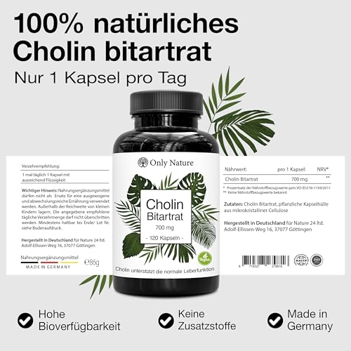Cholin hochdosiert 700 mg - 120 Leber Kapseln - Natürlich & Wirksam - in Deutschland produziert & Laborgeprüft - Cholin Kapseln hochdosiert - Choline Bitartrate