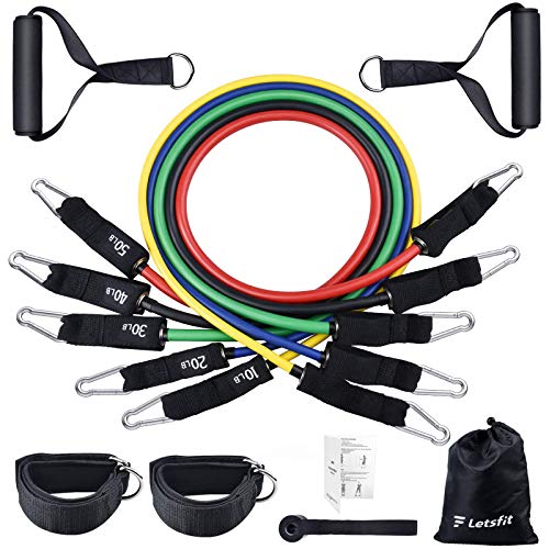 Letsfit Resistance Workout Bands Set with Handles, Door Anchor, Ankle Straps and Carry Bag, Stackable up to 150 lb