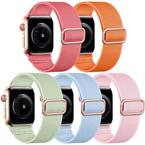 Image of Easuny 5 Pack Stretchy Bands Compatible with Apple Watch 40mm 41mm 42mm 38mm 44mm 45mm 46mm Women, Elastic Fabric Nylon Strap Wristband for iWatch SE 3 2 1 Series 11 10 9 8 7 6 5 4 3 Boho Solo Loop
