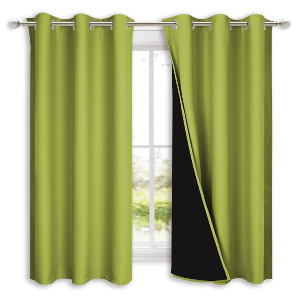NICETOWN 100% Blackout Short Curtains with Black Liners, 2 Panels, 37" W by 63" L, Fresh Green, Solid Thermal Insulated Full Blackout 2-Layer Lined Drapes, Energy Efficiency Window Drapes for Bedroom
