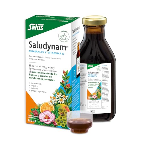 Salus - Saludynam Complemento Alimenticio - 250 ml - Contribuye al Mantenimiento de Huesos y Dientes - Contiene Calcio, Magnesio, Zinc, Vitamina D, Extractos Herbales y Zumos de Frutas
