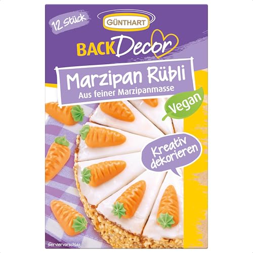 Günthart Backdecor 12 Stück Marzipan Rübli VEGAN Ruebli aus feinem Marzipan mit grünem Zucker Strang er Pack (1 x 40 g)