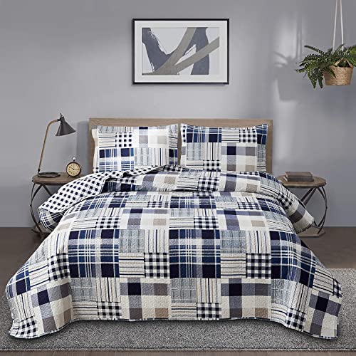 Jessy Home Twin Size Plaid Quilt Set - Modern Reversible...