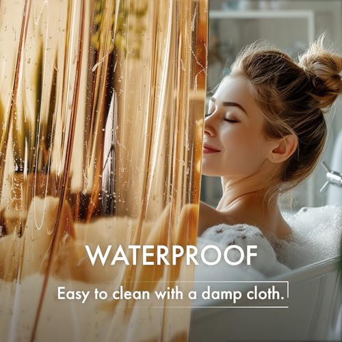 Image of AmazerBath No Hook Shower Curtain and Liner 3-in-1, 8G Luxury Heavy Duty Clear Orange No Hook Shower Curtain Liner, 72x75 Cute EVA Bathroom Weighted Plastic Shower Curtain with 3 Heavyweight Stones