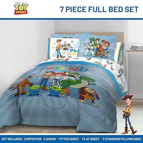 Image of Jay Franco Kids Comforter Set Includes Sheets and Pillow Cover - Soft and Cozy Bed Set for Stylish Room Decor, Blue - Toy Story, 7 Piece Full