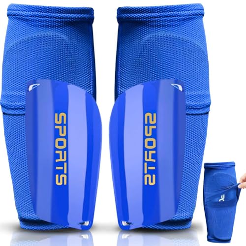 Mzijia Espinilleras de fútbol, Fútbol Espinilleras Calcetines, con Mangas Elásticas Protección Integral Niño Juventud Adulta Partido de Futbol. (Azul, L)