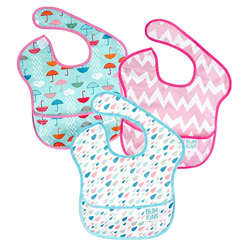 Bumkins SuperBib, Baby Bib, Waterproof, Washable, Stain and Odor Resistant, 6-24 Months, 3-Pack – Umbrellas, Raindrops, Pink Chevron