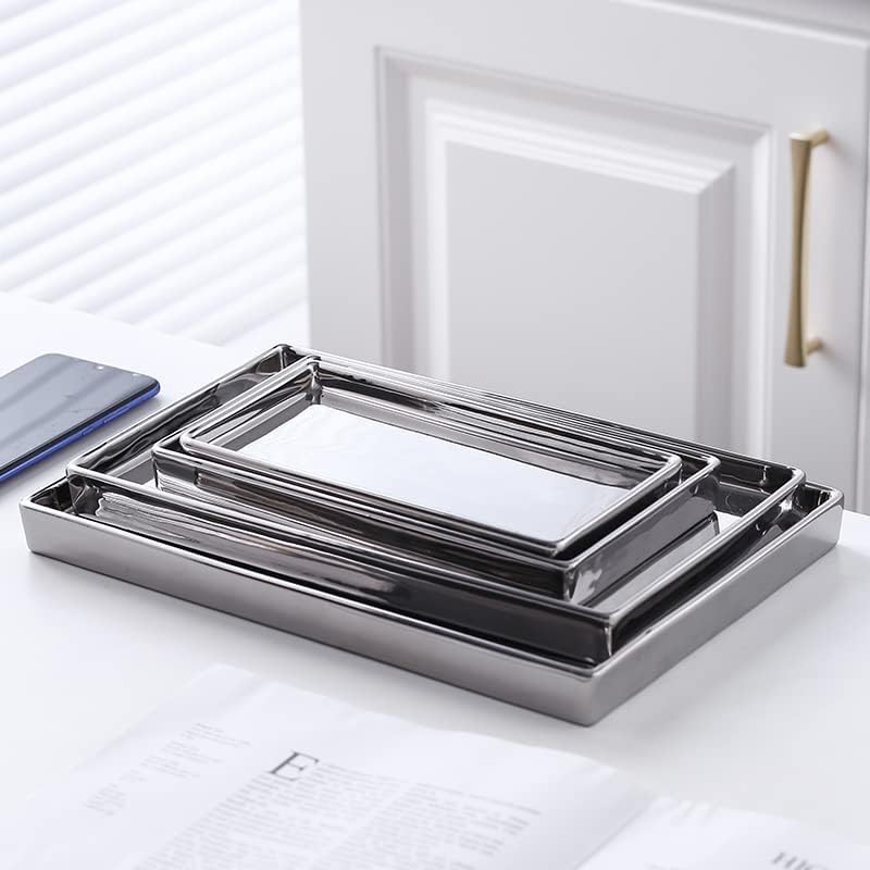 Vista 9 de Bandeja de plato de joyería Bandeja de cerámica Bandeja de baratija Rectangte Vanity Maquillaje Bandeja de espejo plateado