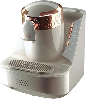 ARZUM OKKA Automatic Turkish Coffee Machine with Patented Foam Technology | Auto-Altitude Detection, Slow Brew (4-Min), 2-Cup, White/Copper. 1 Year Manufacturing Warranty