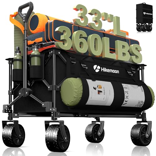 Hikemoon 150L Collapsible Wagons Carts Foldable, 360LBS Heavy Duty Folding Beach Cart with Big All-Terrain Wheels, Portable Utility Wagon for Grocery, Shopping, Garden, Sports, Camping, Black