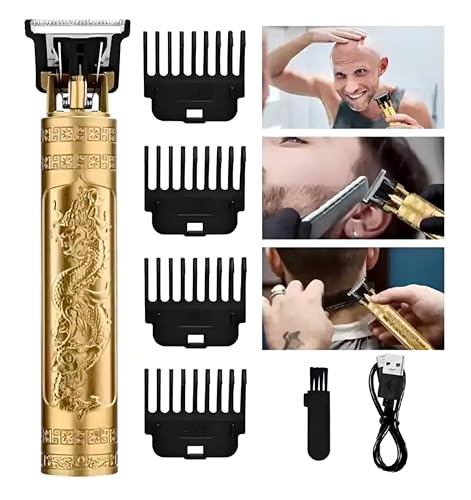 Maquina de afeitar hombre, Maquina de cortar pelo hombre, con 4 Peines Guía, afeitadora electrica hombre Inalámbrica recargable por USB, Afeitadora, (Dragon,Color Dorado).