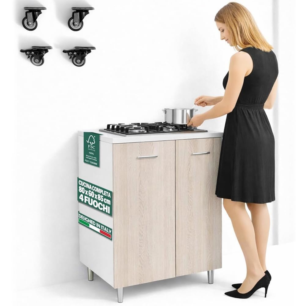Shally Dogan Cuisine complète monobloc 80 x 60 x 85 cm, plateau de cuisson à 4 feux, plaques en fonte résistantes, montage avec pieds fixes ou roues, boutons de contrôle à cavalier (orme)
