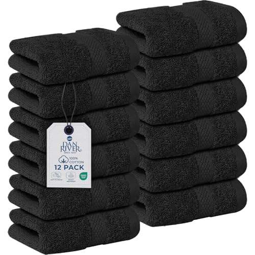 Image of DAN RIVER 12-Pack Premium 100% Cotton Black Face Towels for Bathroom - Reusable Face Wash Cloths for Showering 12x12 Inches - 550 GSM Super Soft & Absorbent Luxury WashCloths for Body, Spa & Gym