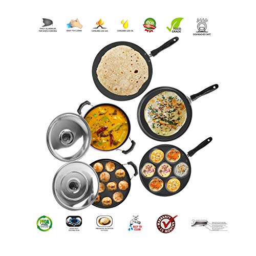 Image of Sumeet Non-Stick Aluminum Cookware Set (Dosa Tawa - 26.5 cm; Multi Snack Maker - 26.5 cm; D Kadhai with Lid 1.5 L; Grill Appam Patra with Lid - 23 cm; Concave Tawa -28 cm, 2.6 mm Thick, Ruby Red)