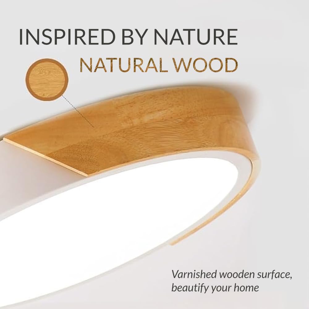 M Ledme - Plafón LED Techo Blanco Redondo 24W con Mando a distancia, Regulable 2700K-6500K blanco frío a cálido, 2400LM, Diseño Blanco con Madera Natural, para Baño, Cocina, Balcón,LM8284