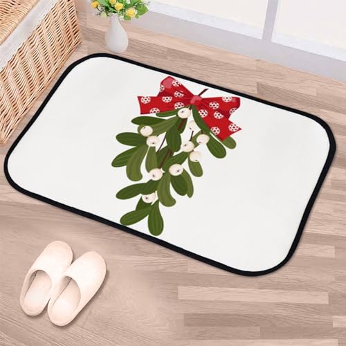Nuansexi Bathroom Rugs Mistletoe Branches Red Bow Floor Mats Non Slip Bathmat Doormat Tub Mat Coral Velvet Absorbent Entrance Carpet Mats Machine Washable Bedroom Decor