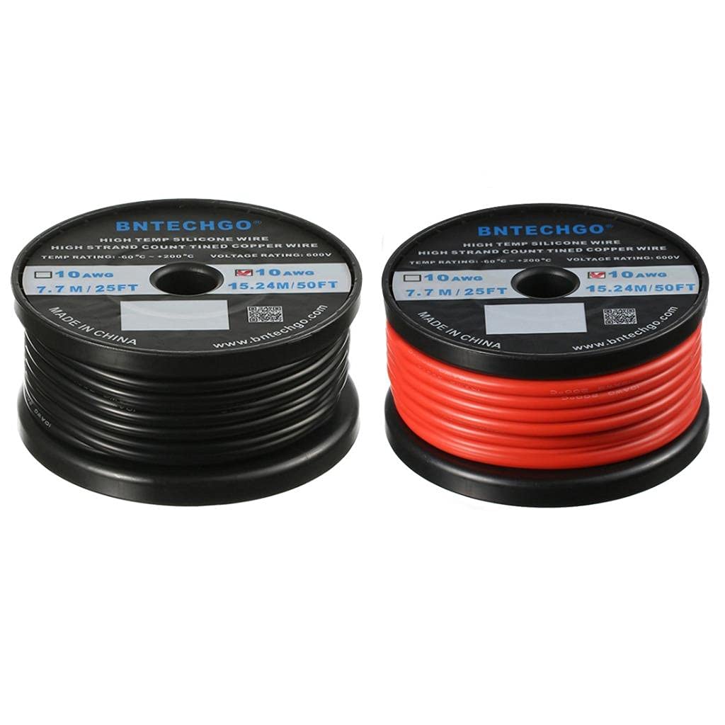BNTECHGO10 Gauge Silicone Wire Spool Red and Black Each 50ft Flexible 10 AWG Stranded Copper Wire