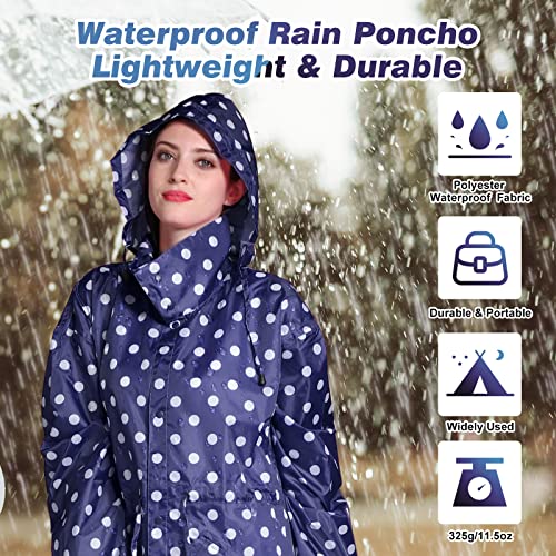 SOPPY Regenmäntel für Damen, langer, wasserdichter Mantel, winddichter Regenmantel, leichter Poncho, schnell trocknend, lange Regenjacke, Kapuzenregenmantel für Damen, Einheitsgröße, Blaue Punkte, L