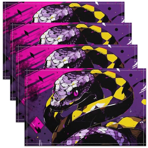 Deep Purple Snake Lot de 4 Tapis de Table Adulte Sauvage 3D Snake Tapis de Table Jungle Safari Animaux Tapis de Table Violet Échelle Imperméable À l'eau Tapis de Table Résistant À La Chaleur 45x30