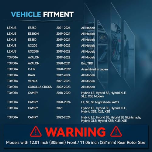 Image of Detroit Axle - Brake Kit for Toyota RAV4 C-HR Avalon Corolla Cross Venza | Lexus ES250 ES300h ES350 UX250h UX200, 12.01 inch inch Front and 11.06 inch inch Rear Brake Rotors Ceramic Brake Pads Replacement